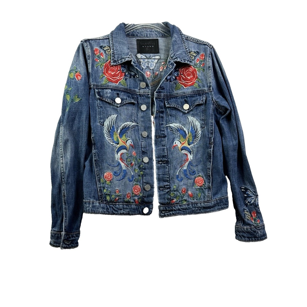 Blank NYC Women's Jean Denim Jacket Embroidered Birds roses flower butterfly XS‎